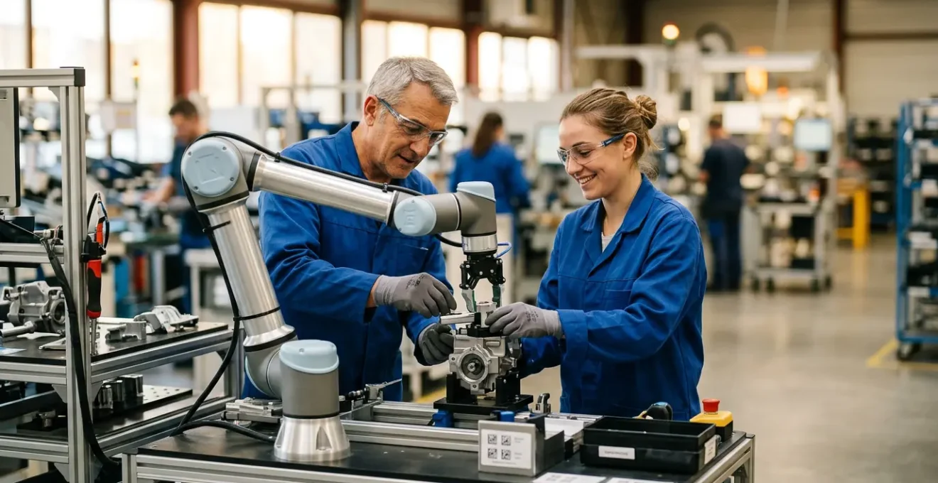 Opérateurs et cobot collaborant harmonieusement dans un atelier de production industriel français