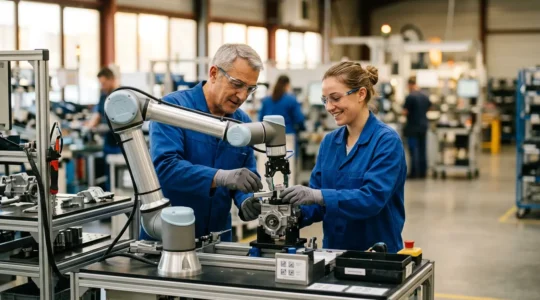 Opérateurs et cobot collaborant harmonieusement dans un atelier de production industriel français