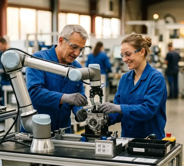 Opérateurs et cobot collaborant harmonieusement dans un atelier de production industriel français