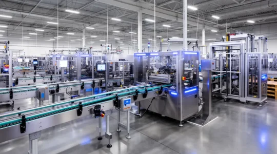 Vue d'ensemble d'une ligne de production automatisée moderne avec équipements de fin de ligne interconnectés