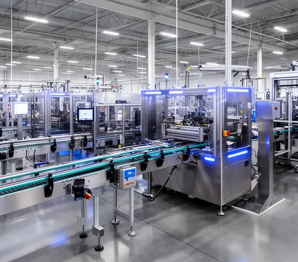 Vue d'ensemble d'une ligne de production automatisée moderne avec équipements de fin de ligne interconnectés