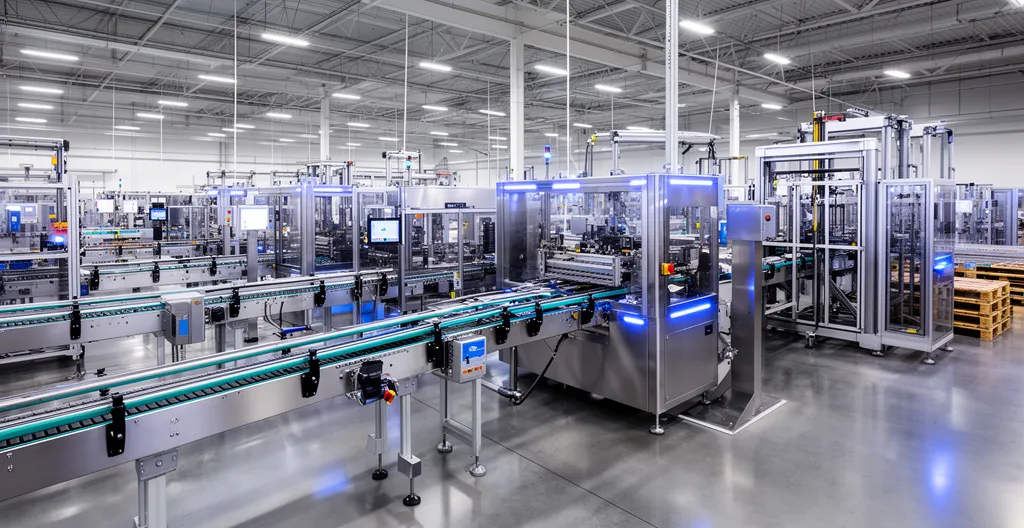 Vue d'ensemble d'une ligne de production automatisée moderne avec équipements de fin de ligne interconnectés