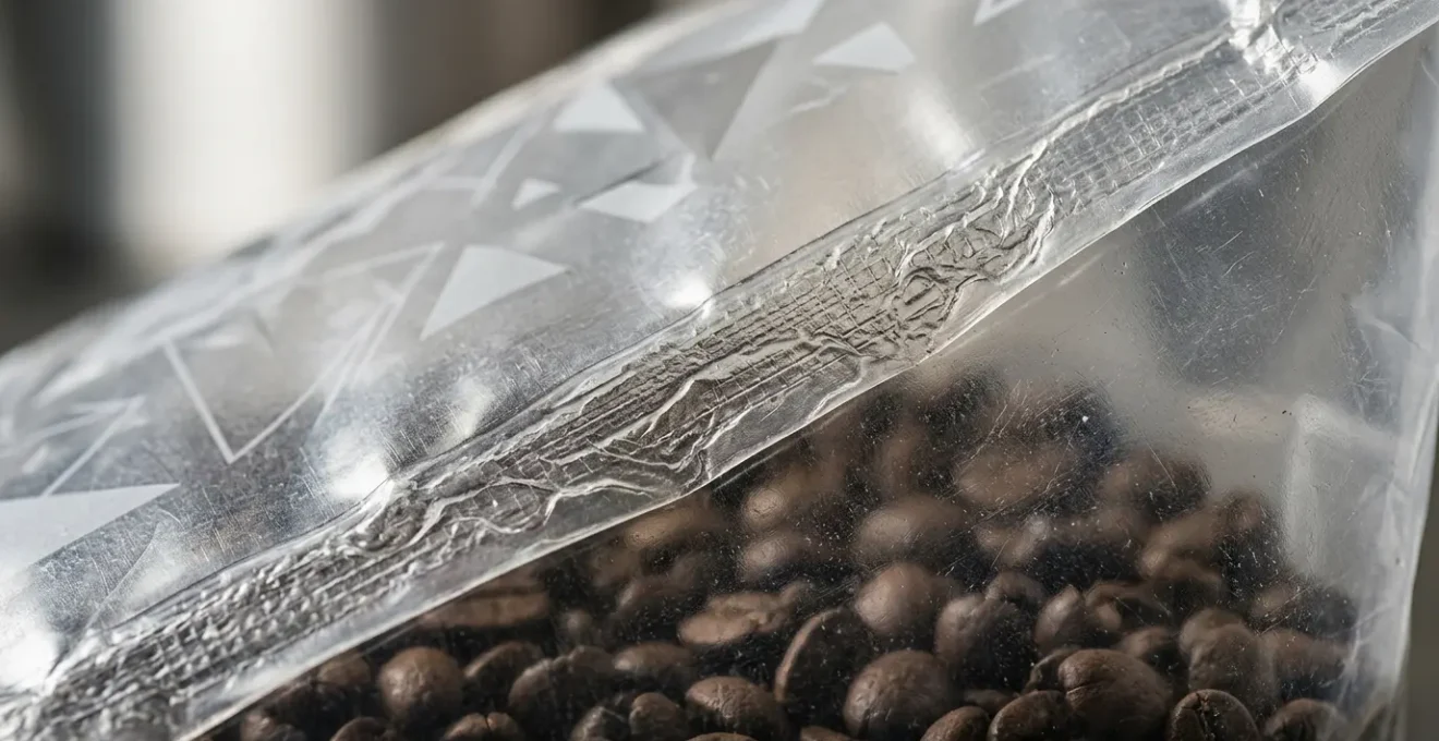 Vue détaillée d'une soudure thermique en gros plan sur un sachet industriel épais contenant des granulés alimentaires