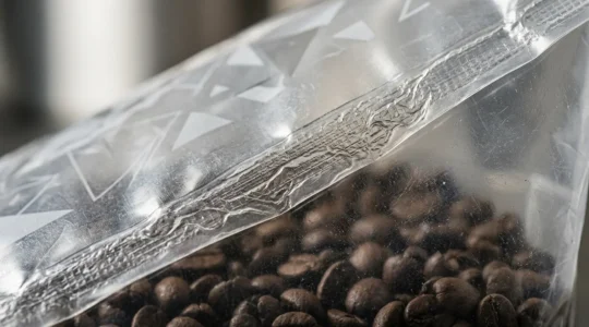 Vue détaillée d'une soudure thermique en gros plan sur un sachet industriel épais contenant des granulés alimentaires