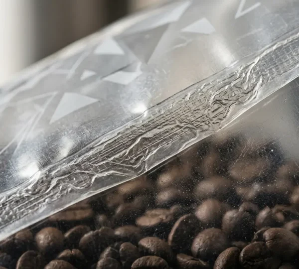 Vue détaillée d'une soudure thermique en gros plan sur un sachet industriel épais contenant des granulés alimentaires