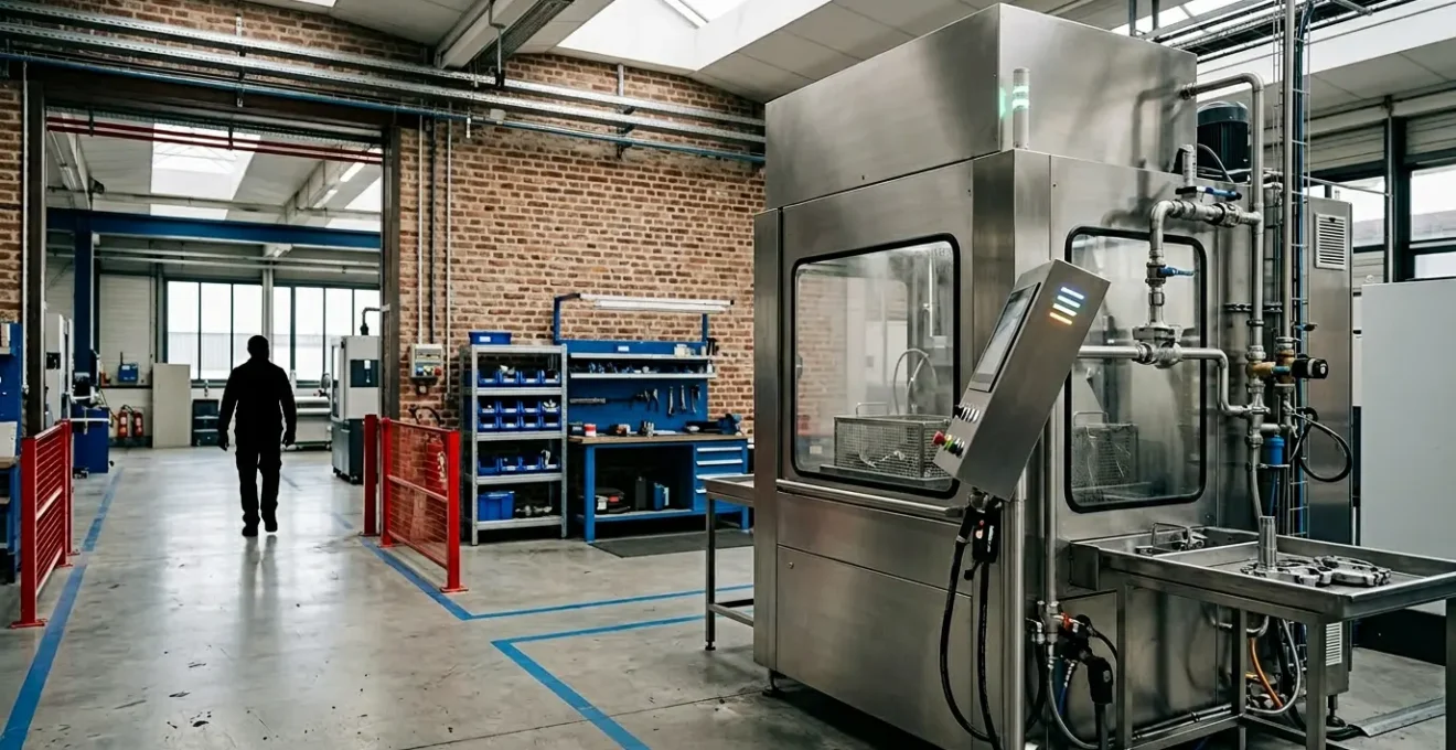 Machine de lavage industriel par aspersion avec compartiment ultrasonique pour pièces métalliques