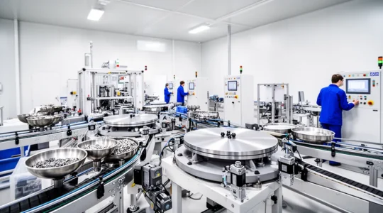 Vue panoramique d'une ligne de production automatisée avec plateaux rotatifs et systèmes de distribution en fonctionnement