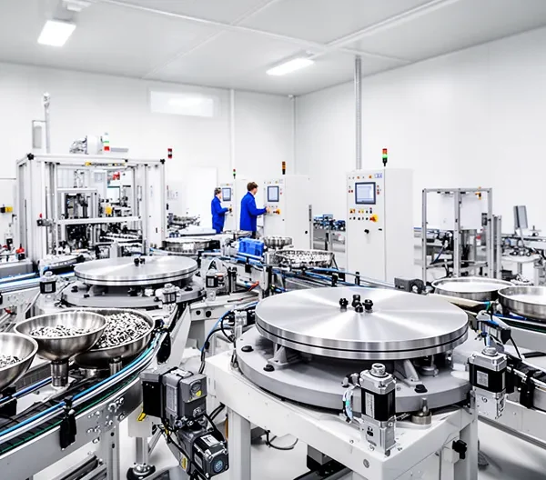 Vue panoramique d'une ligne de production automatisée avec plateaux rotatifs et systèmes de distribution en fonctionnement