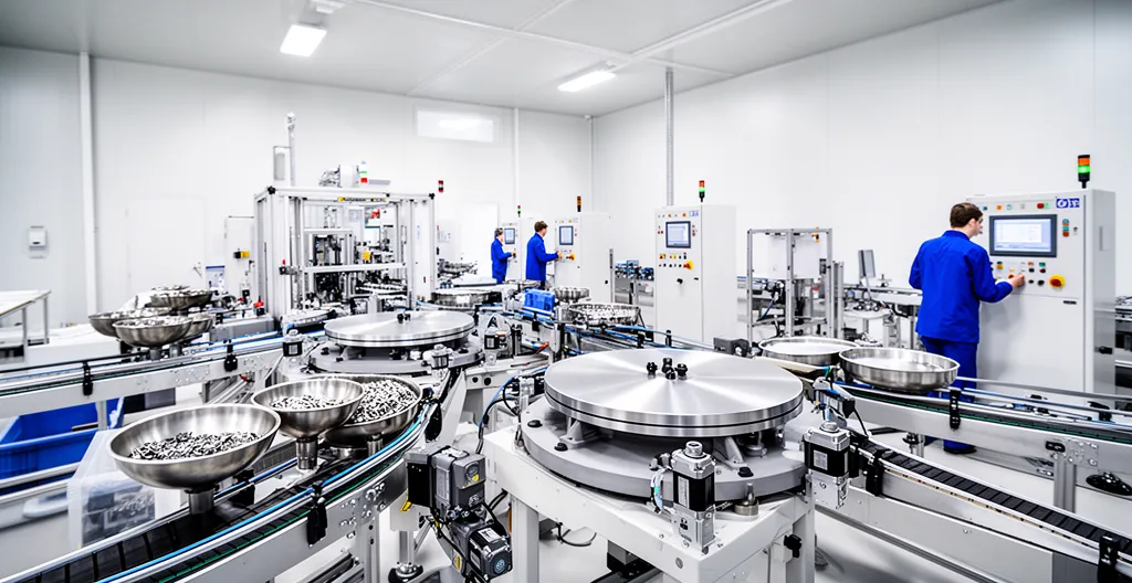 Vue panoramique d'une ligne de production automatisée avec plateaux rotatifs et systèmes de distribution en fonctionnement