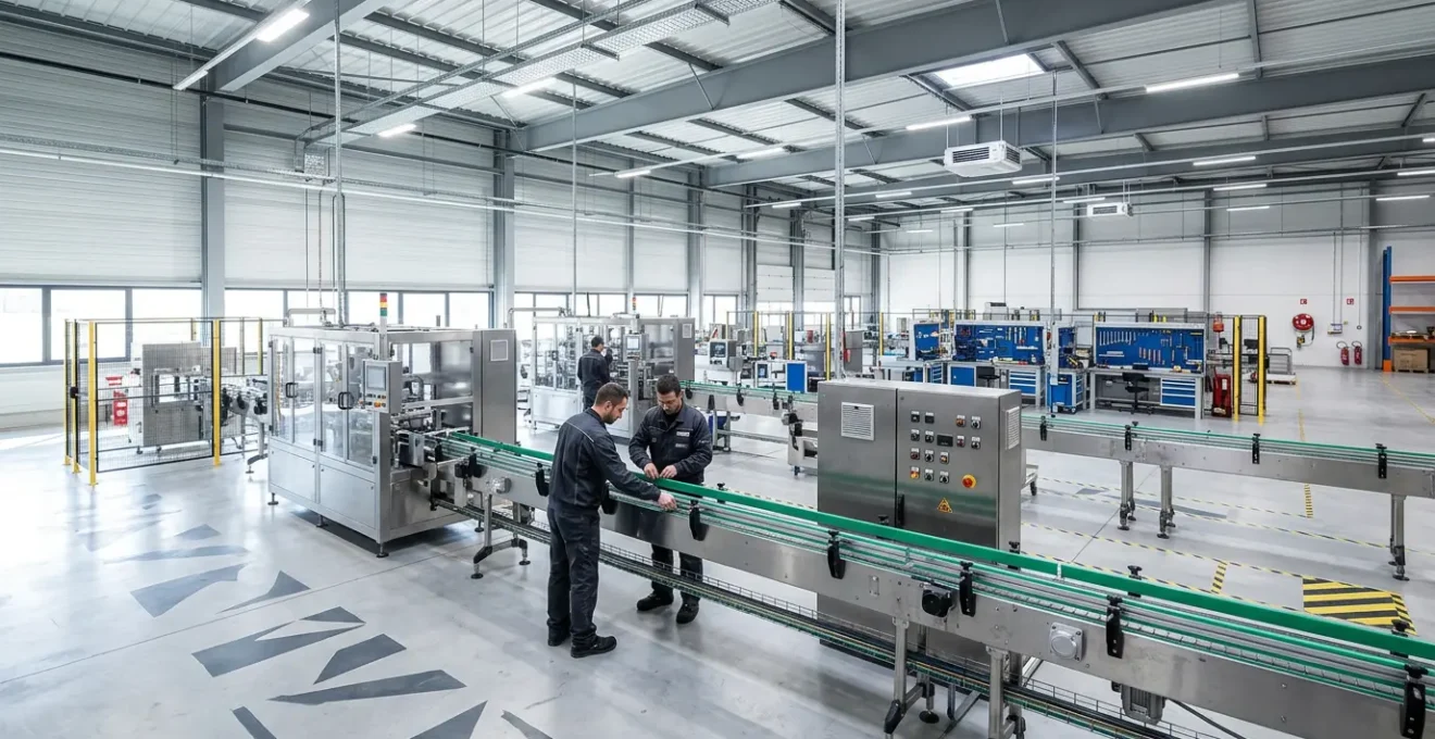 Vue en perspective d'une ligne d'emballage moderne dans un atelier industriel français avec des opérateurs effectuant des réglages sur les guides latéraux