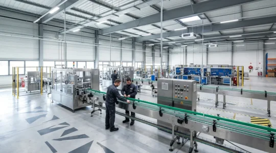 Vue en perspective d'une ligne d'emballage moderne dans un atelier industriel français avec des opérateurs effectuant des réglages sur les guides latéraux