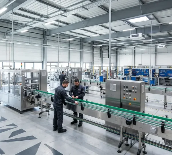 Vue en perspective d'une ligne d'emballage moderne dans un atelier industriel français avec des opérateurs effectuant des réglages sur les guides latéraux