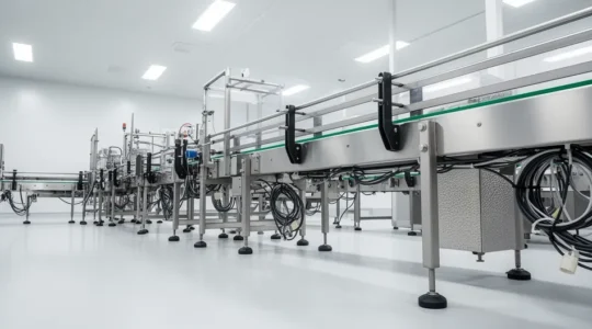 Vue professionnelle d'une ligne de production agroalimentaire en acier inoxydable avec focus sur les détails mécaniques en cours d'inspection
