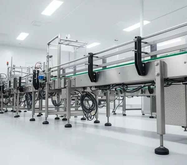 Vue professionnelle d'une ligne de production agroalimentaire en acier inoxydable avec focus sur les détails mécaniques en cours d'inspection