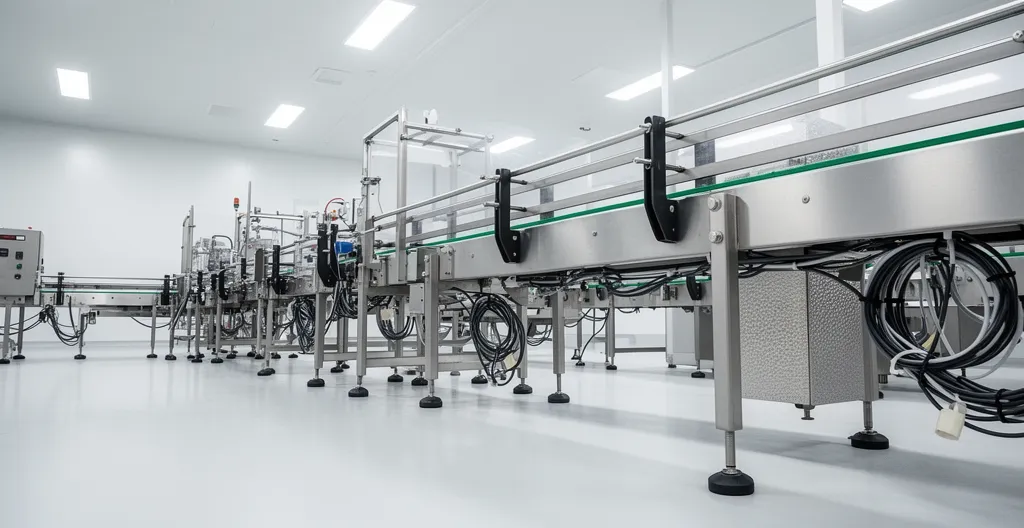 Vue professionnelle d'une ligne de production agroalimentaire en acier inoxydable avec focus sur les détails mécaniques en cours d'inspection