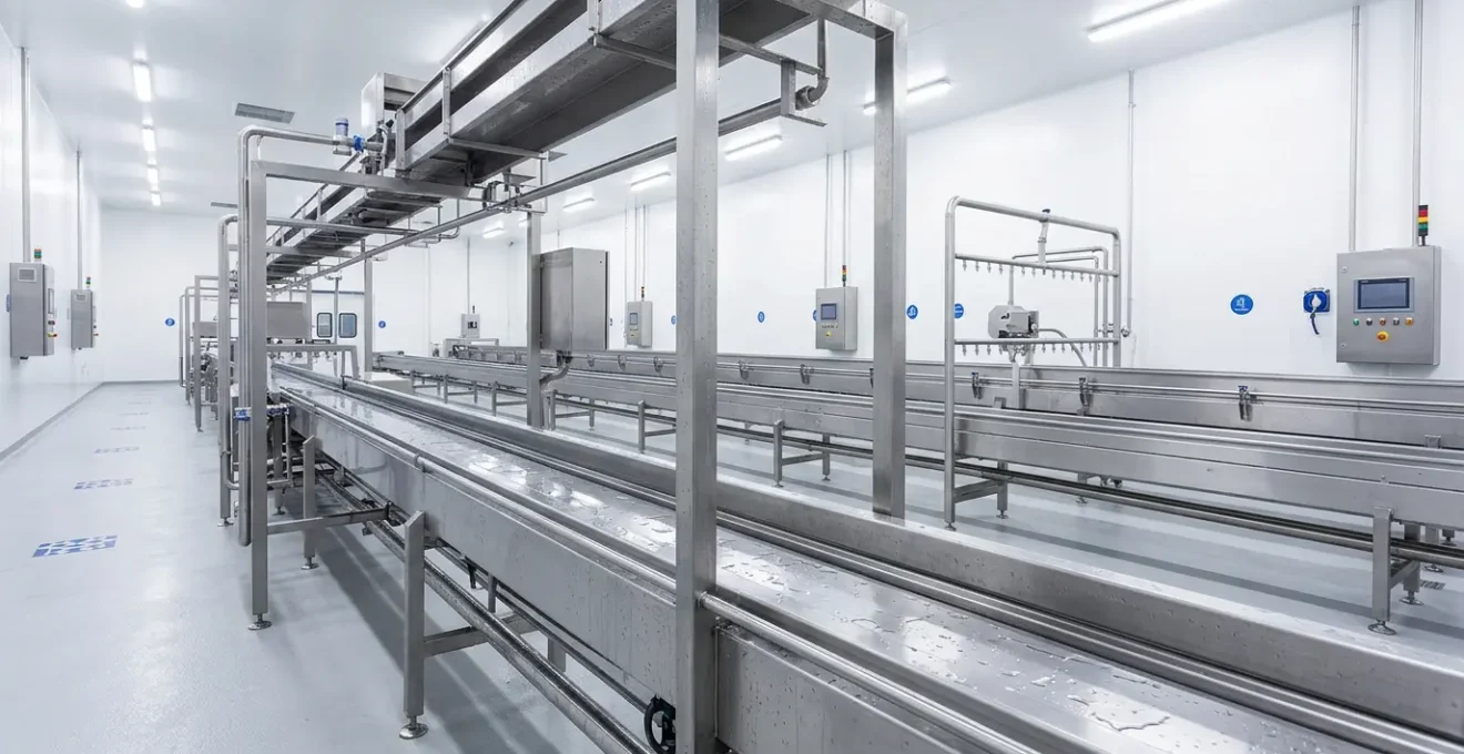 Ligne de production agroalimentaire en acier inoxydable avec système de nettoyage automatisé