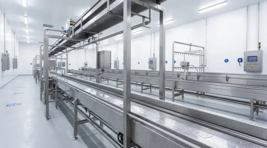 Ligne de production agroalimentaire en acier inoxydable avec système de nettoyage automatisé