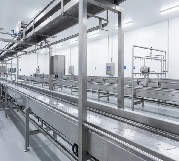 Ligne de production agroalimentaire en acier inoxydable avec système de nettoyage automatisé