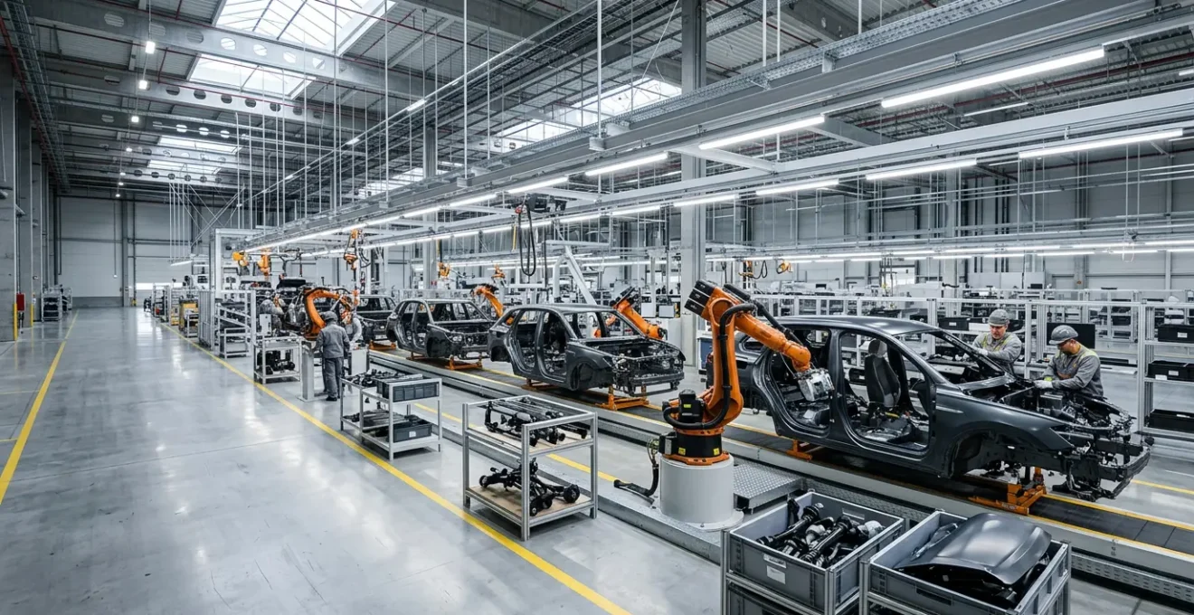 Ligne de production automobile moderne avec robots et opérateurs travaillant en synergie
