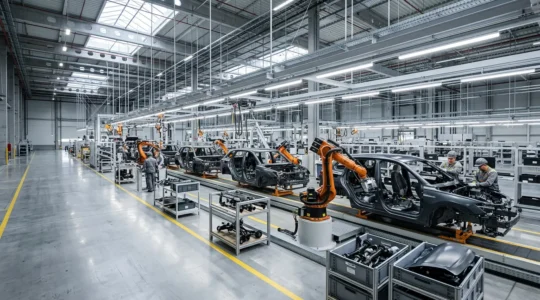 Ligne de production automobile moderne avec robots et opérateurs travaillant en synergie