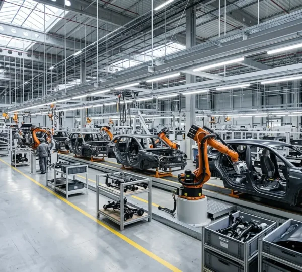 Ligne de production automobile moderne avec robots et opérateurs travaillant en synergie