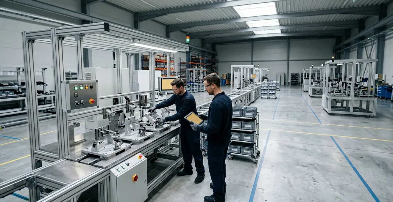 Ligne d'assemblage industrielle modulaire avec changement de format en cours dans un atelier de production moderne