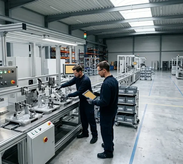 Ligne d'assemblage industrielle modulaire avec changement de format en cours dans un atelier de production moderne