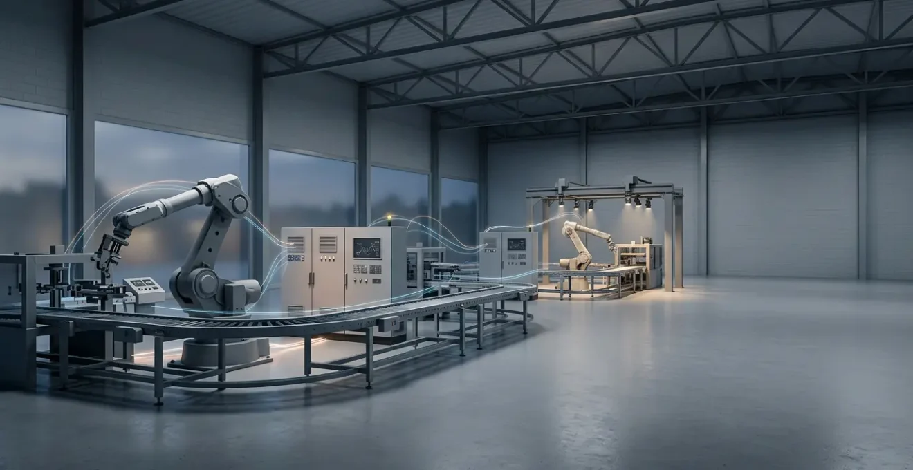 Machines industrielles de différentes marques interconnectées dans une usine moderne