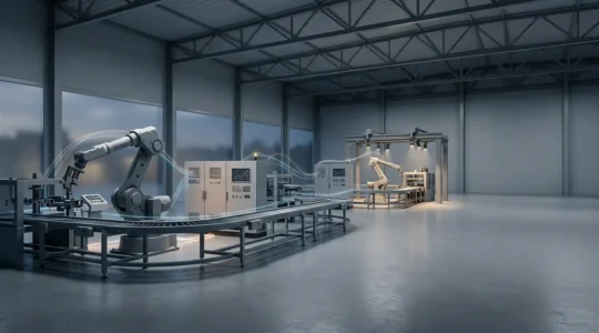 Machines industrielles de différentes marques interconnectées dans une usine moderne
