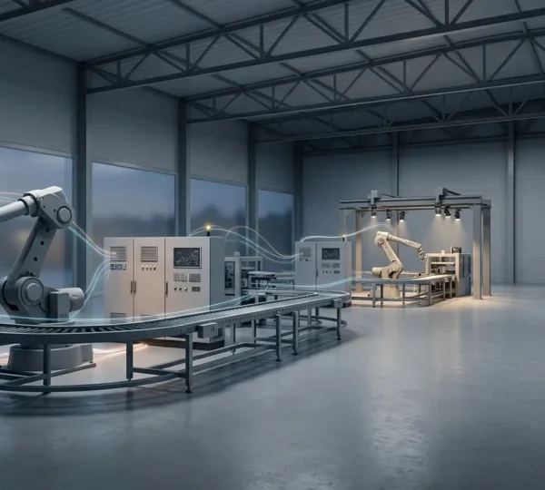 Machines industrielles de différentes marques interconnectées dans une usine moderne