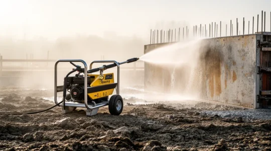 Nettoyeur haute pression thermique professionnel sur chantier français pour le décapage de béton de coffrage