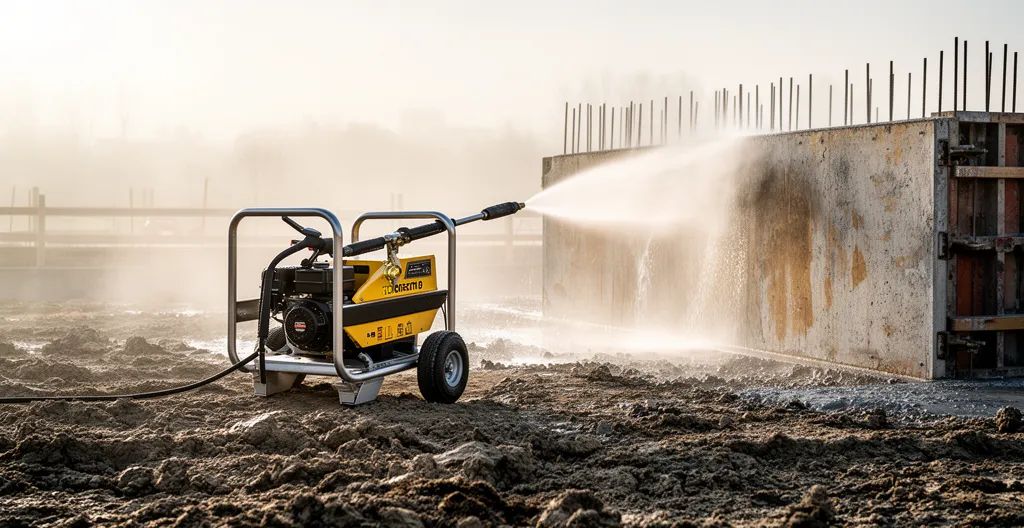 Nettoyeur haute pression thermique professionnel sur chantier français pour le décapage de béton de coffrage