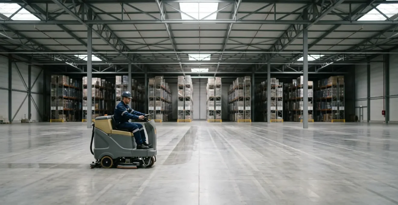 Opérateur professionnel conduisant une autolaveuse autoportée dans un entrepôt industriel français de 5000 mètres carrés