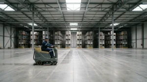 Opérateur professionnel conduisant une autolaveuse autoportée dans un entrepôt industriel français de 5000 mètres carrés