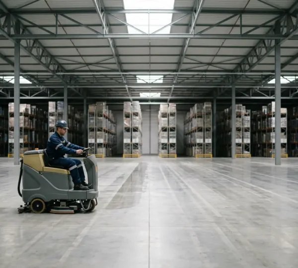 Opérateur professionnel conduisant une autolaveuse autoportée dans un entrepôt industriel français de 5000 mètres carrés
