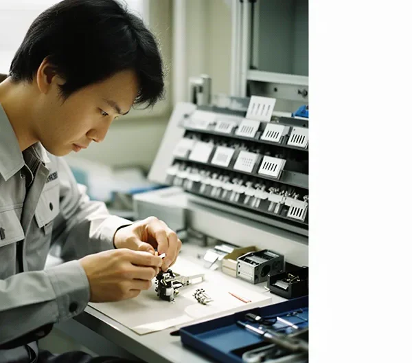 Opérateur industriel travaillant sur un poste de montage ergonomique avec assistance visuelle