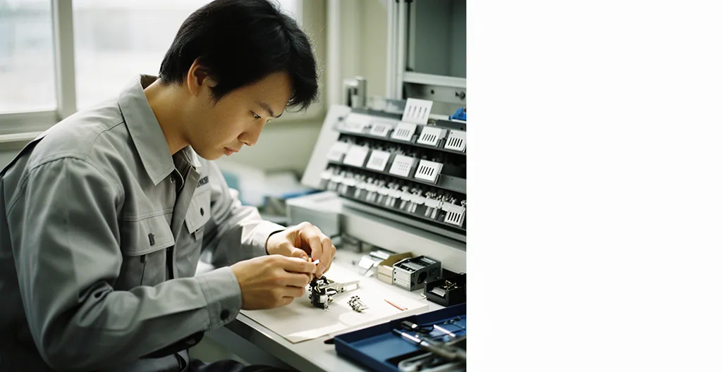 Opérateur industriel travaillant sur un poste de montage ergonomique avec assistance visuelle