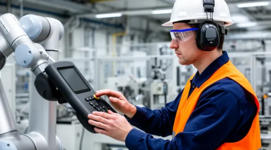 Opérateur industriel guidant un bras robotique collaboratif dans un atelier de finition de surface