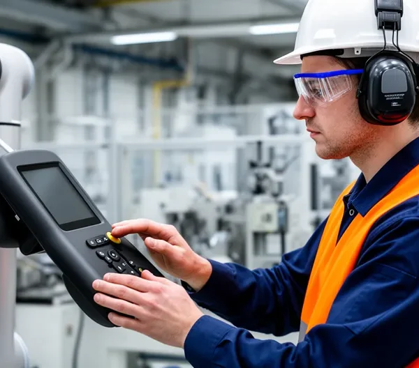 Opérateur industriel guidant un bras robotique collaboratif dans un atelier de finition de surface