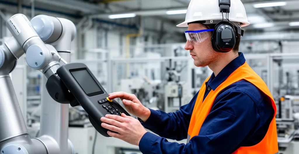 Opérateur industriel guidant un bras robotique collaboratif dans un atelier de finition de surface