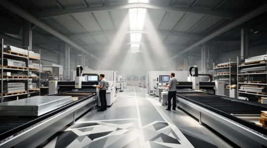 Vue industrielle d'une ligne de production optimisée avec découpe laser et gestion intelligente des flux de matières