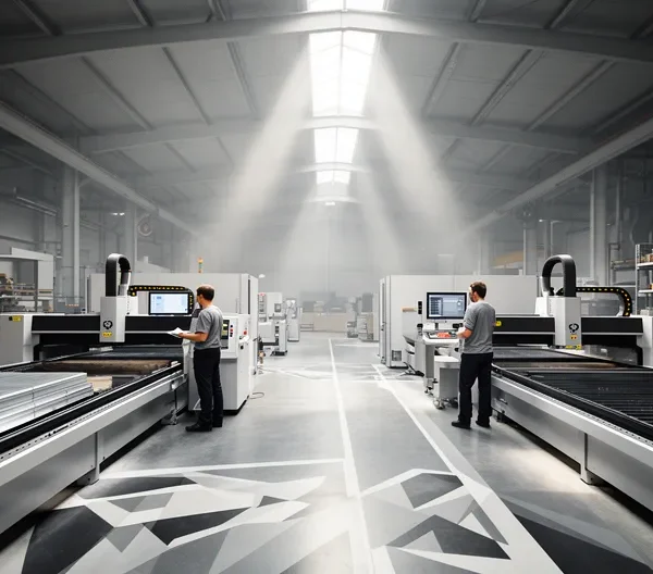 Vue industrielle d'une ligne de production optimisée avec découpe laser et gestion intelligente des flux de matières