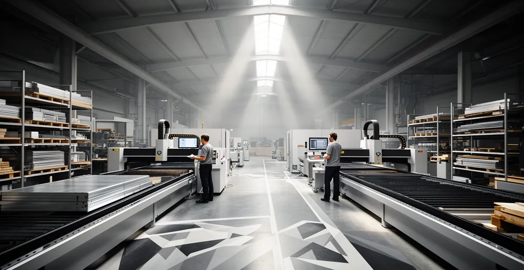 Vue industrielle d'une ligne de production optimisée avec découpe laser et gestion intelligente des flux de matières