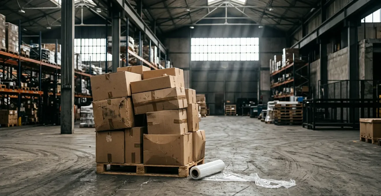 Palette haute et instable dans un entrepôt industriel français avec film étirable partiellement déroulé