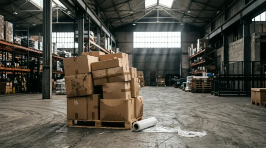 Palette haute et instable dans un entrepôt industriel français avec film étirable partiellement déroulé