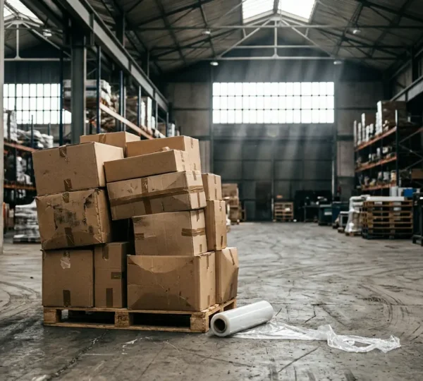 Palette haute et instable dans un entrepôt industriel français avec film étirable partiellement déroulé