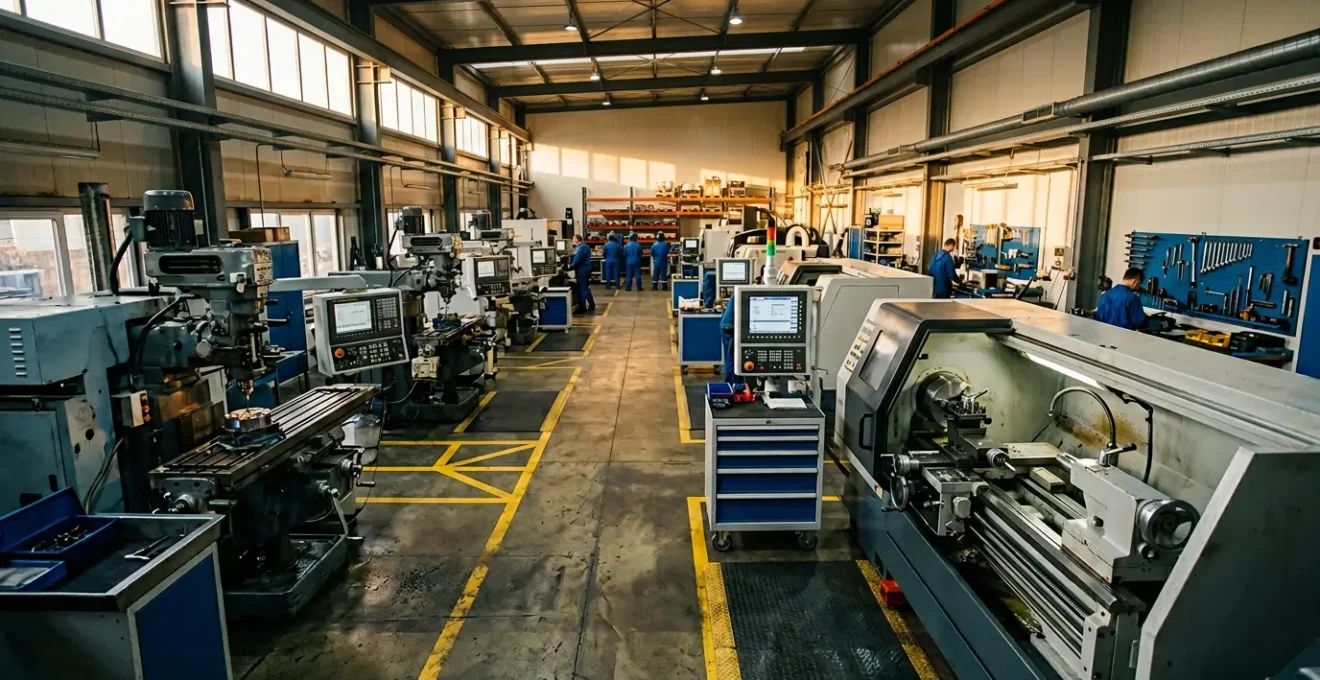 Vue d'ensemble d'un atelier industriel moderne avec machines-outils en pleine production