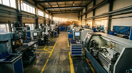 Vue d'ensemble d'un atelier industriel moderne avec machines-outils en pleine production
