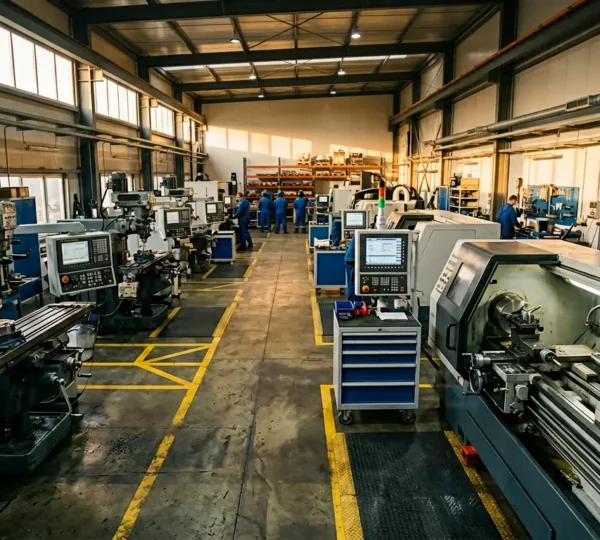 Vue d'ensemble d'un atelier industriel moderne avec machines-outils en pleine production