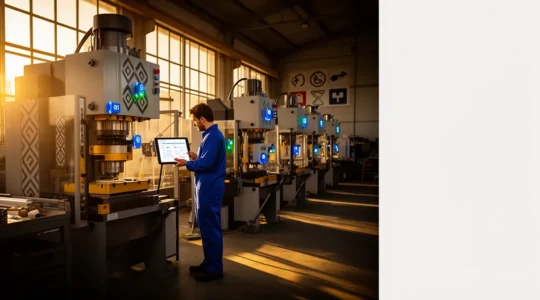 Vue d'ensemble d'un atelier industriel moderne avec capteurs IoT et tableaux de bord de maintenance prédictive